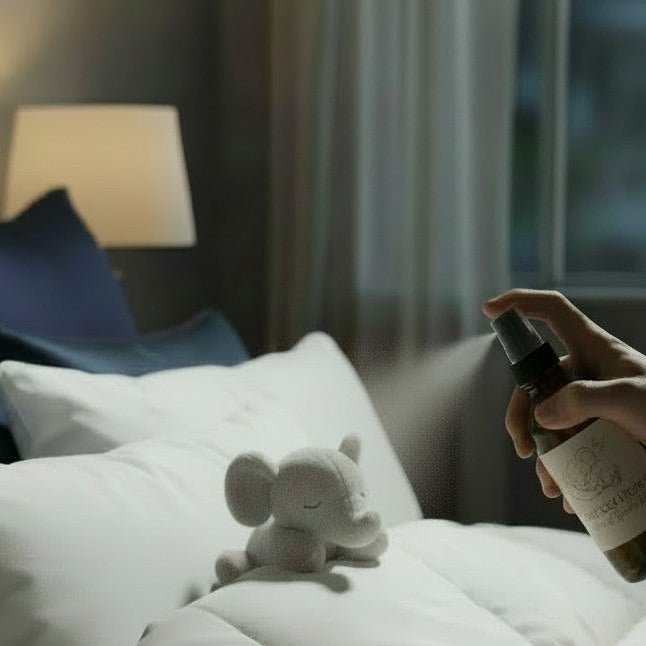 Person holding a spray bottle over a bed with pillows and a stuffed animal.