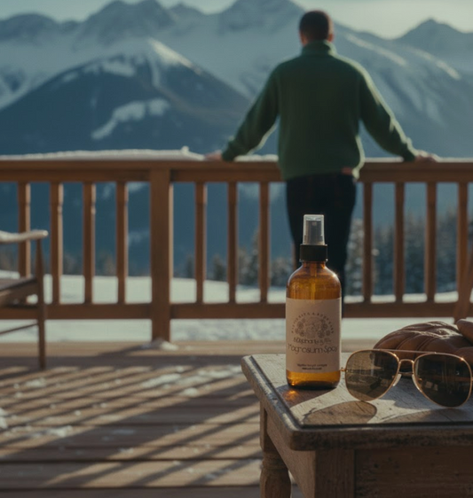Person standing on a balcony with mountains in the background, bottle and sunglasses on a table.