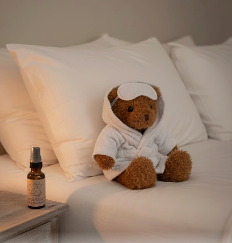 Teddy bear in a robe and sleep mask sitting on a bed next to a bottle of essential oil.